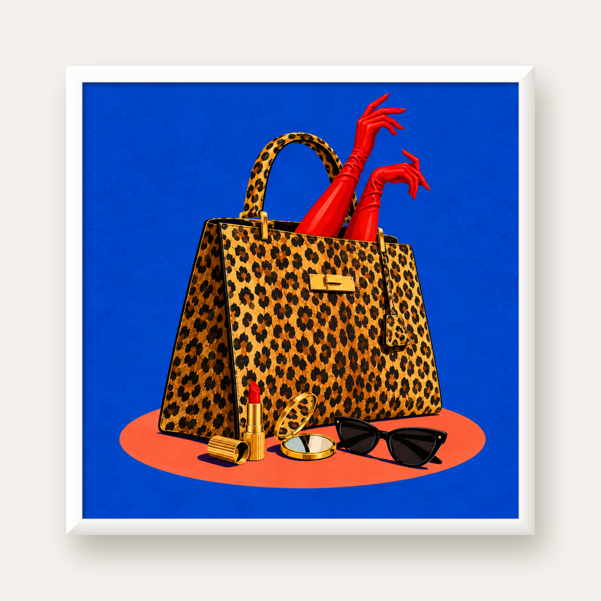Leopar Çanta ve Kırmızı Eldivenler — beyaz çerçeveli kare poster