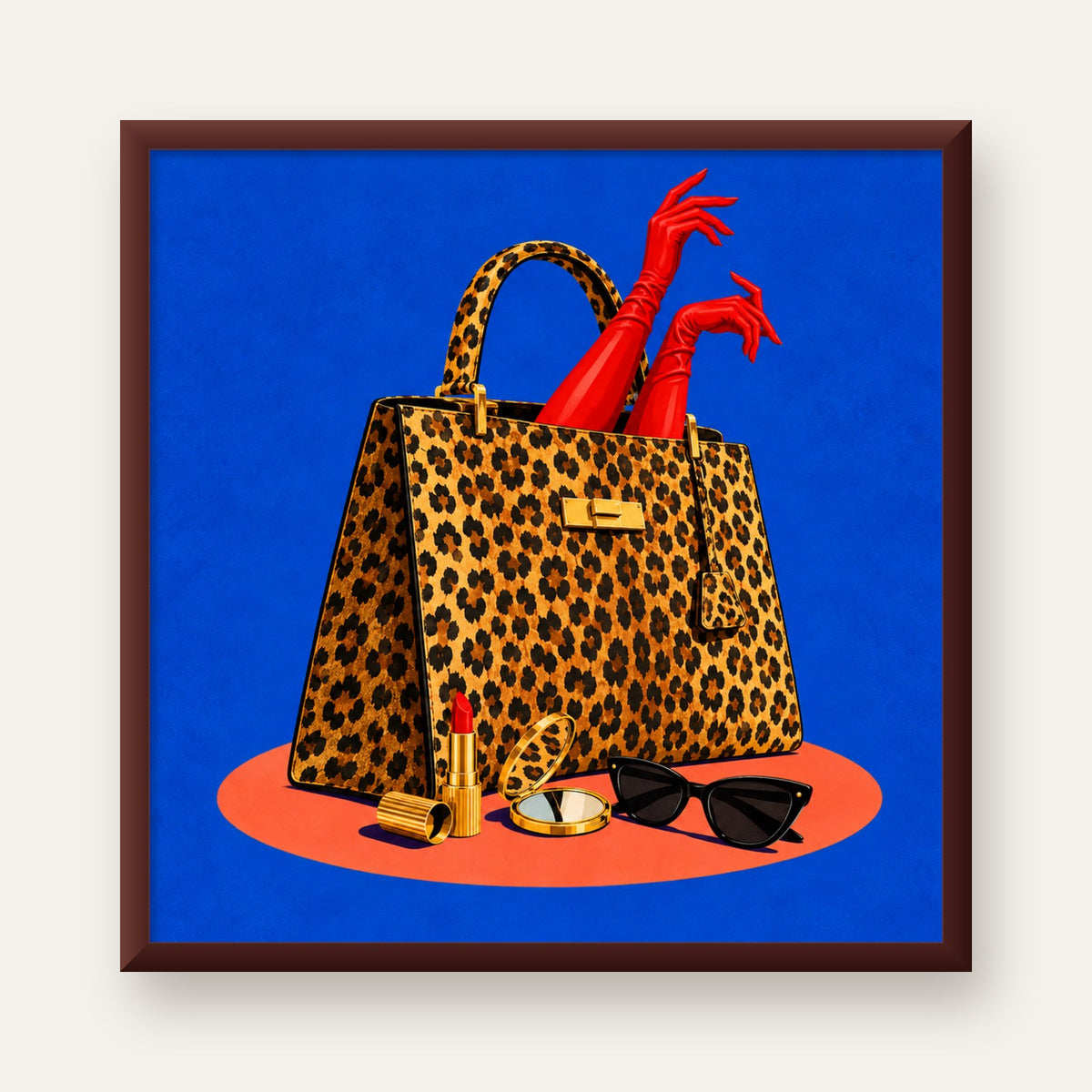 Leopar Çanta ve Kırmızı Eldivenler — ceviz çerçeveli