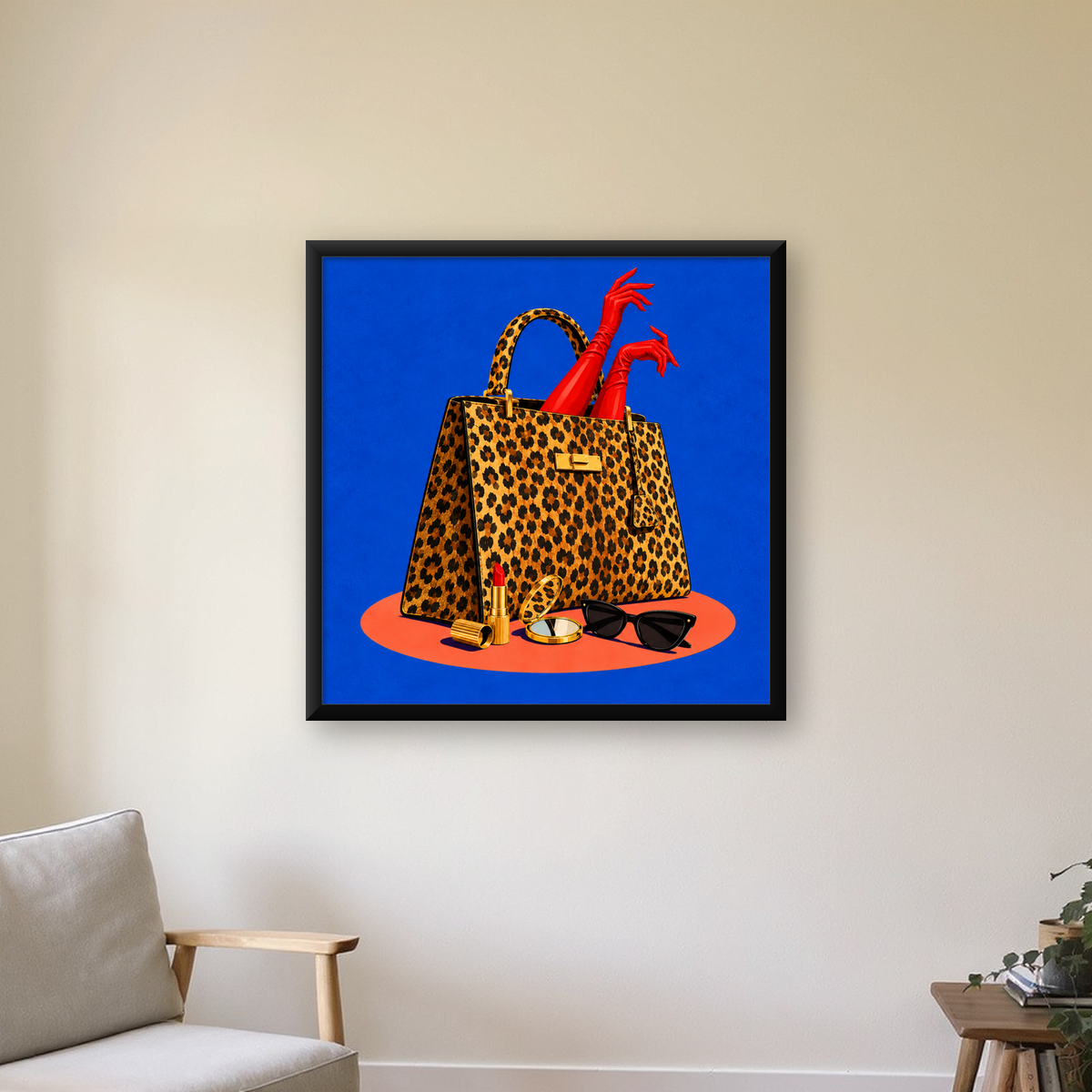 Leopar Desenli Çanta & Kırmızı Detaylı Modern Poster — Kare baskı, çerçeveli hâliyle bir ev duvarında