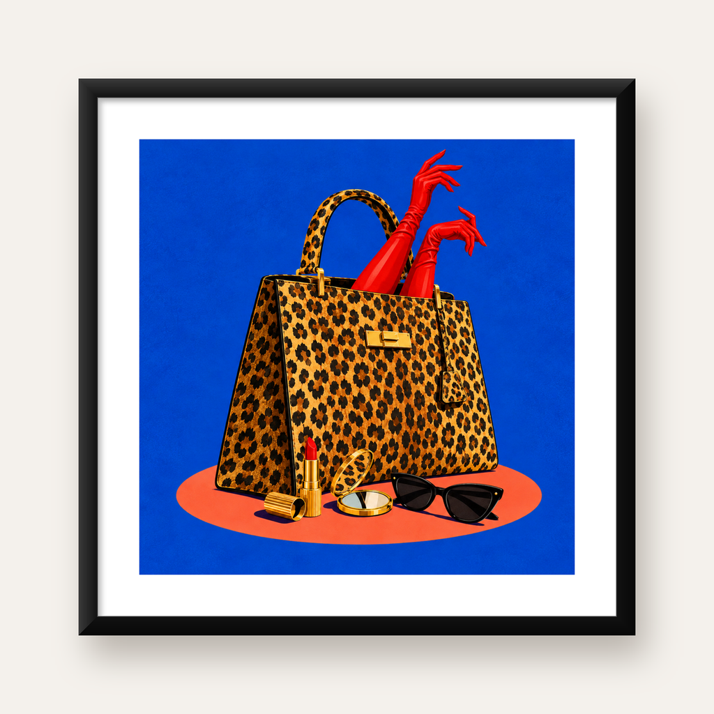 Leopar Desenli Çanta & Kırmızı Detaylı Modern Poster — Kare baskı, beyaz kenar boşluklu