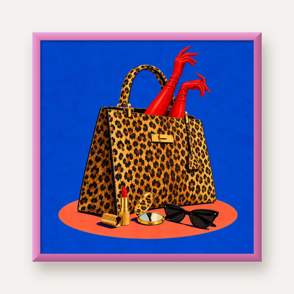 Leopar Çanta ve Kırmızı Eldivenler — pembe çerçeveli