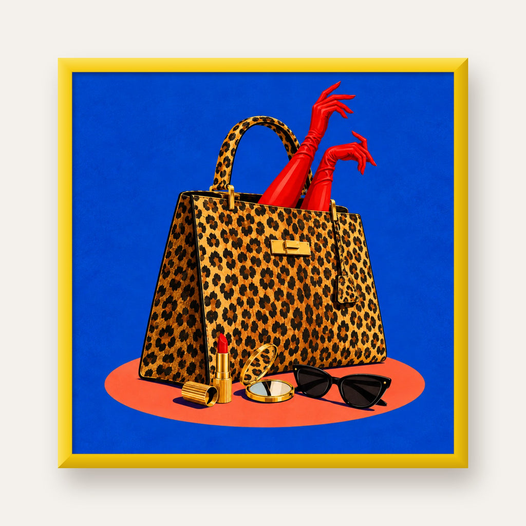 Leopar Çanta ve Kırmızı Eldivenler — sarı çerçeveli