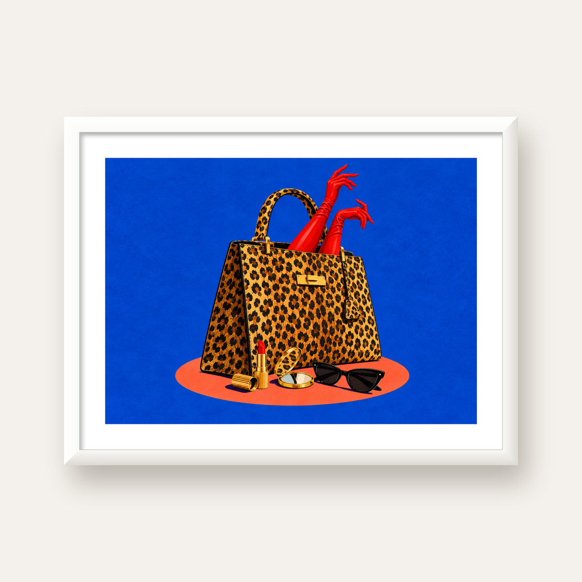 Leopar Çanta ve Kırmızı Eldivenler — beyaz çerçeveli yatay poster