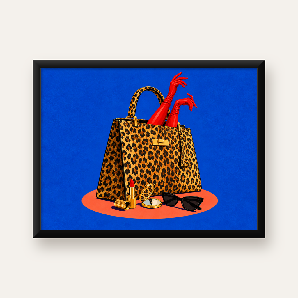 Leopar Desenli Çanta & Kırmızı Detaylı Modern Poster — Yatay baskı, düz siyah çerçeveli duvar posteri