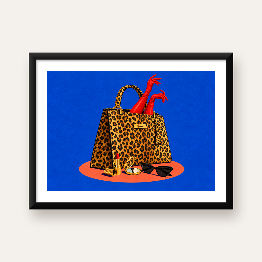 Leopar Desenli Çanta & Kırmızı Detaylı Modern Poster — Yatay baskı, beyaz kenar boşluklu