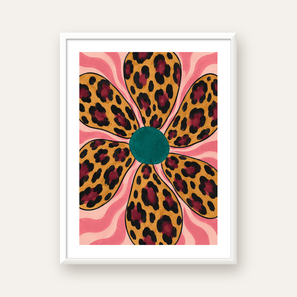 Leopar Desenli Çiçek İllüstrasyon Renkli Poster — beyaz çerçeveli dikey poster