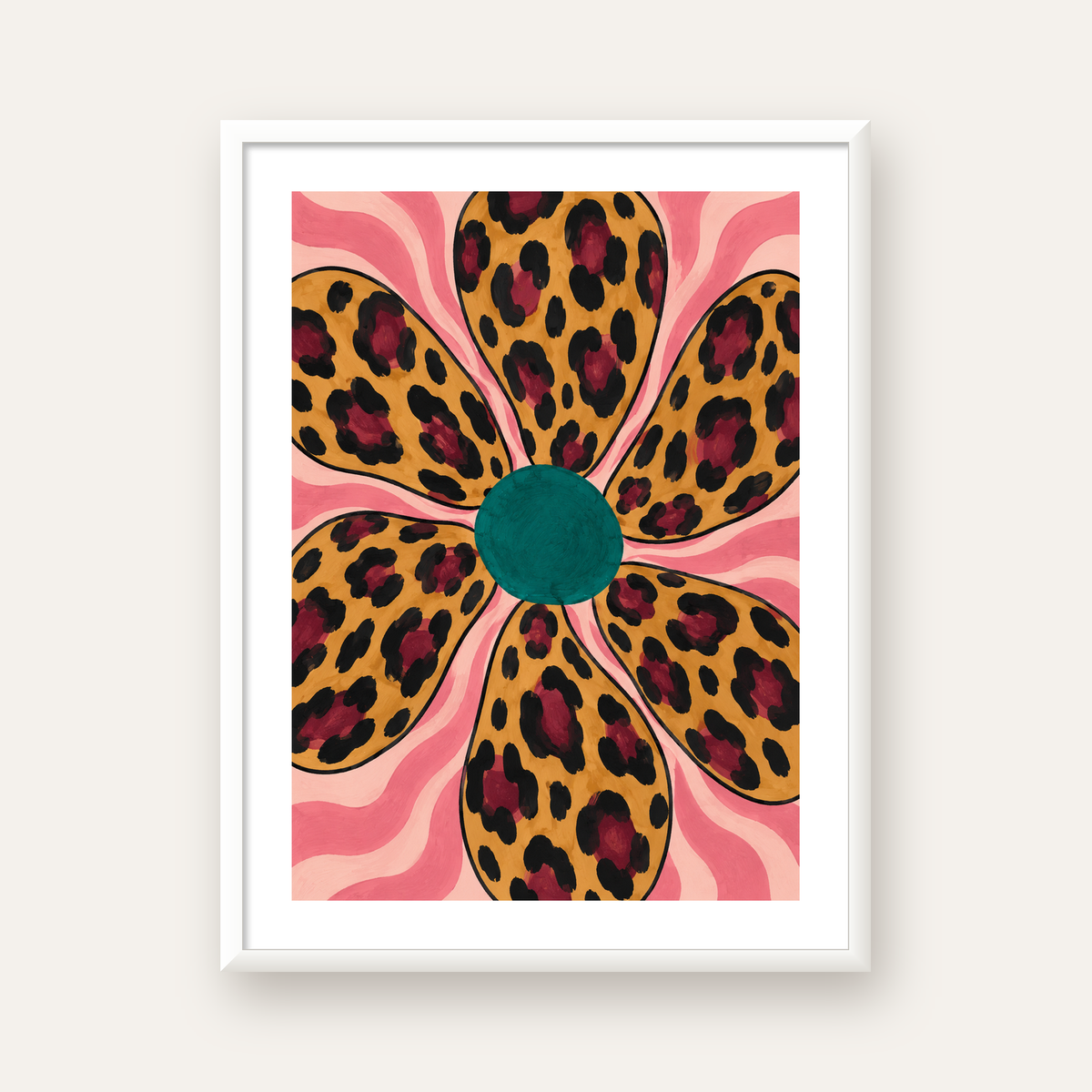 Leopar Desenli Çiçek İllüstrasyon Renkli Poster — beyaz çerçeveli dikey poster
