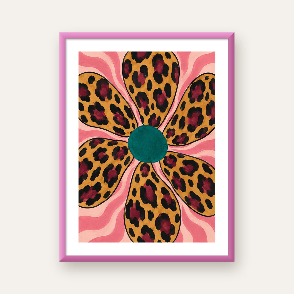 Leopar Desenli Çiçek İllüstrasyon Renkli Poster — pembe çerçeveli paspartulu