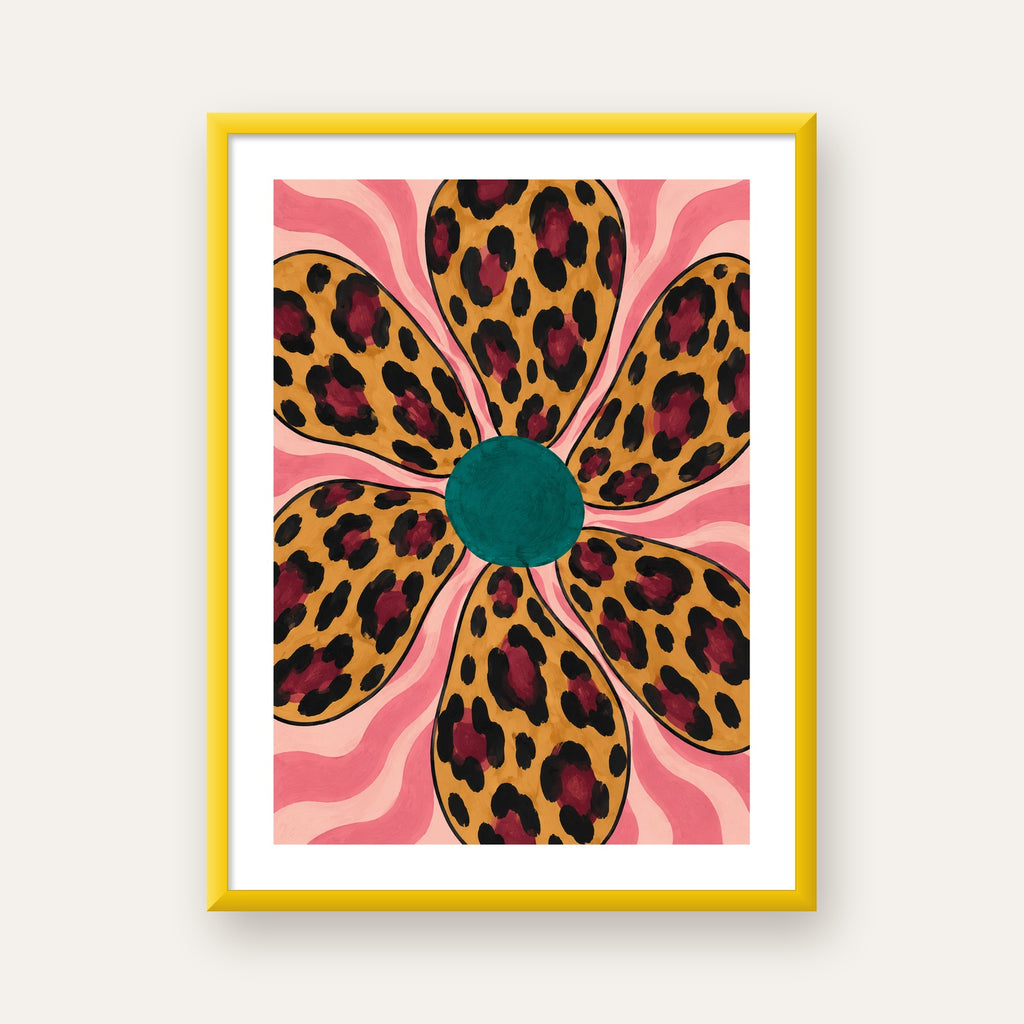 Leopar Desenli Çiçek İllüstrasyon Renkli Poster — sarı çerçeveli paspartulu