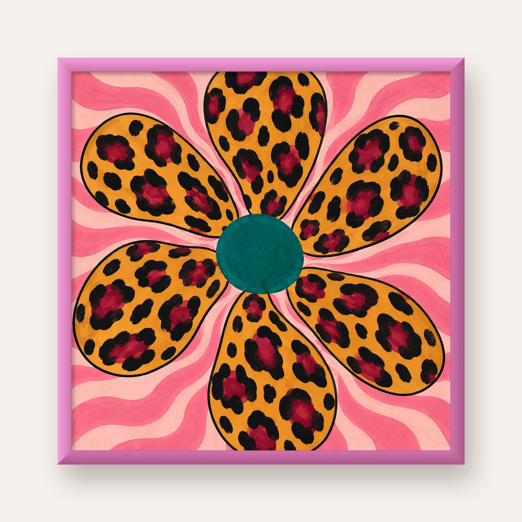 Leopar Desenli Çiçek İllüstrasyon Renkli Poster — pembe çerçeveli