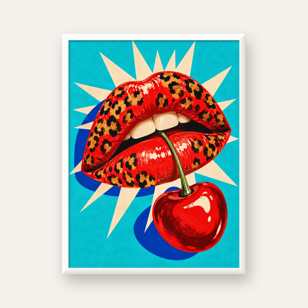 Leopar Dudak ve Kiraz — beyaz çerçeveli dikey poster