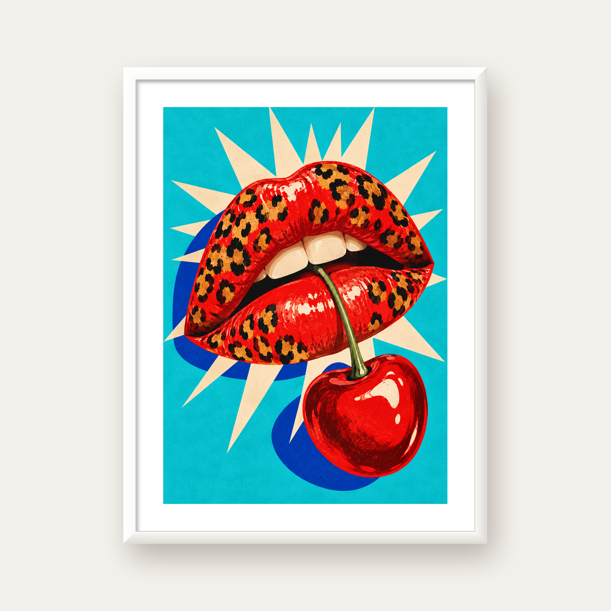 Leopar Dudak ve Kiraz — beyaz çerçeveli dikey poster