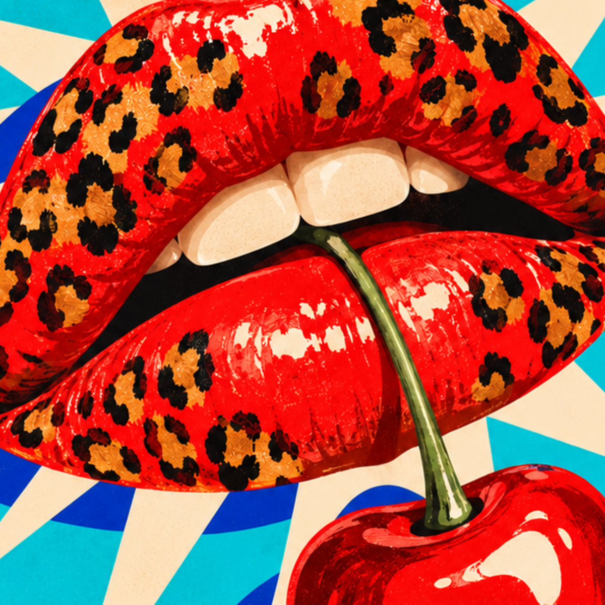 Leopar Desenli Dudak ve Kiraz Pop-Art Poster — baskının yakın çekimi, kâğıt dokusu ve renk detayı