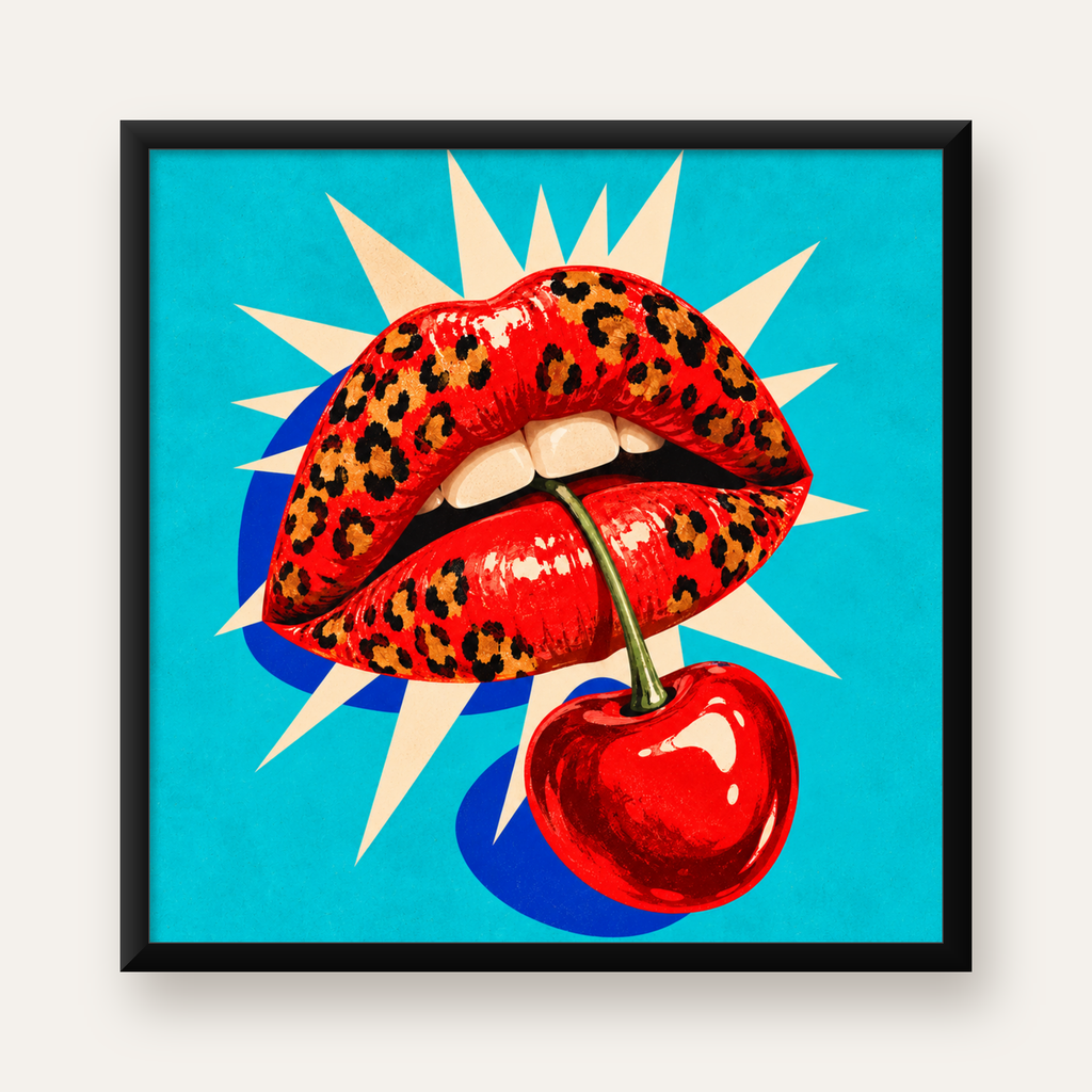 Leopar Desenli Dudak ve Kiraz Pop-Art Poster — Kare baskı, düz siyah çerçeveli duvar posteri