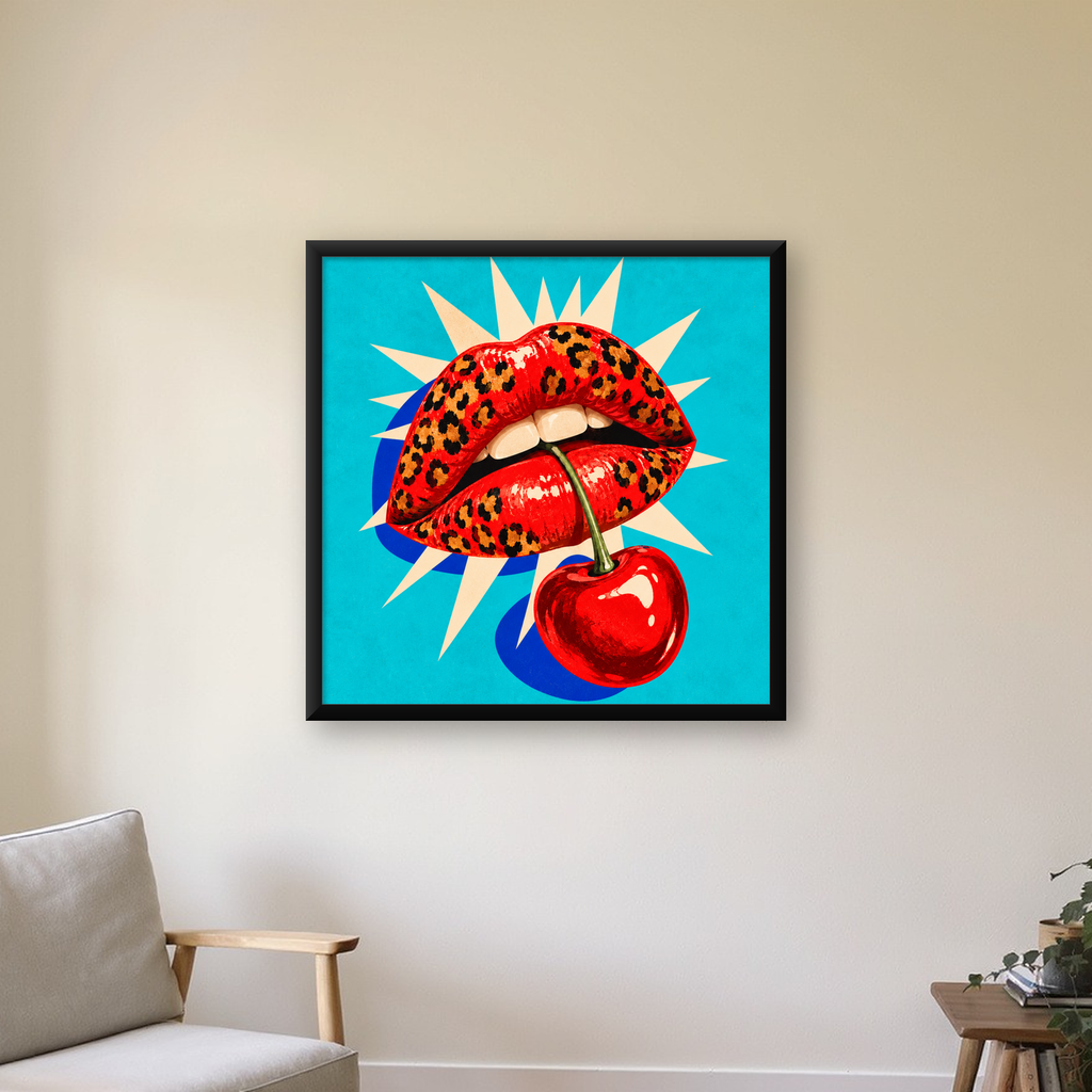Leopar Desenli Dudak ve Kiraz Pop-Art Poster — Kare baskı, çerçeveli hâliyle bir ev duvarında