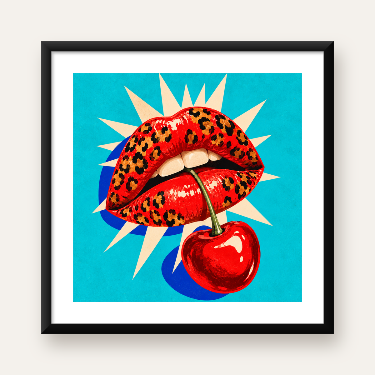 Leopar Desenli Dudak ve Kiraz Pop-Art Poster — Kare baskı, beyaz kenar boşluklu