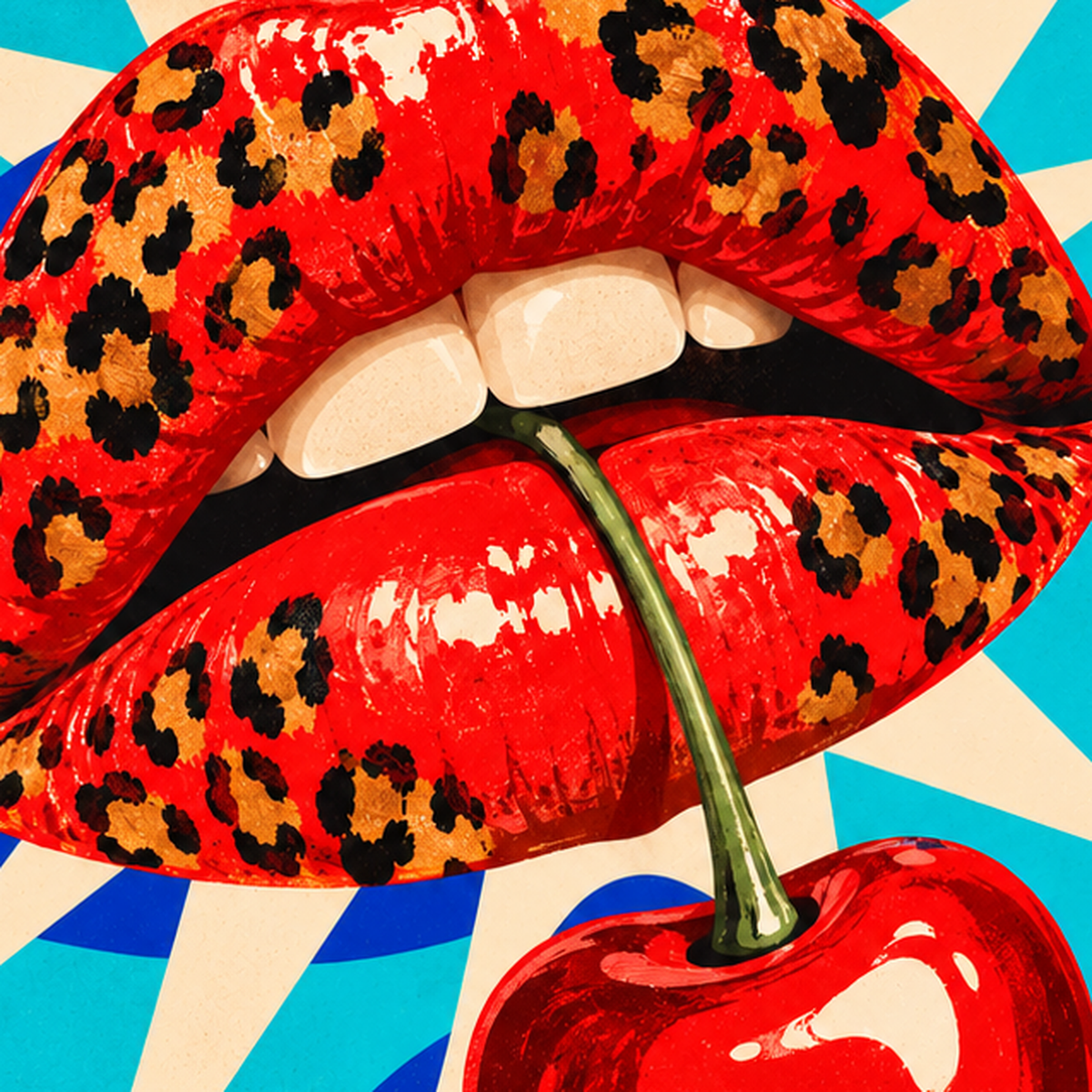 Leopar Desenli Dudak ve Kiraz Pop-Art Poster — baskının yakın çekimi, kâğıt dokusu ve renk detayı