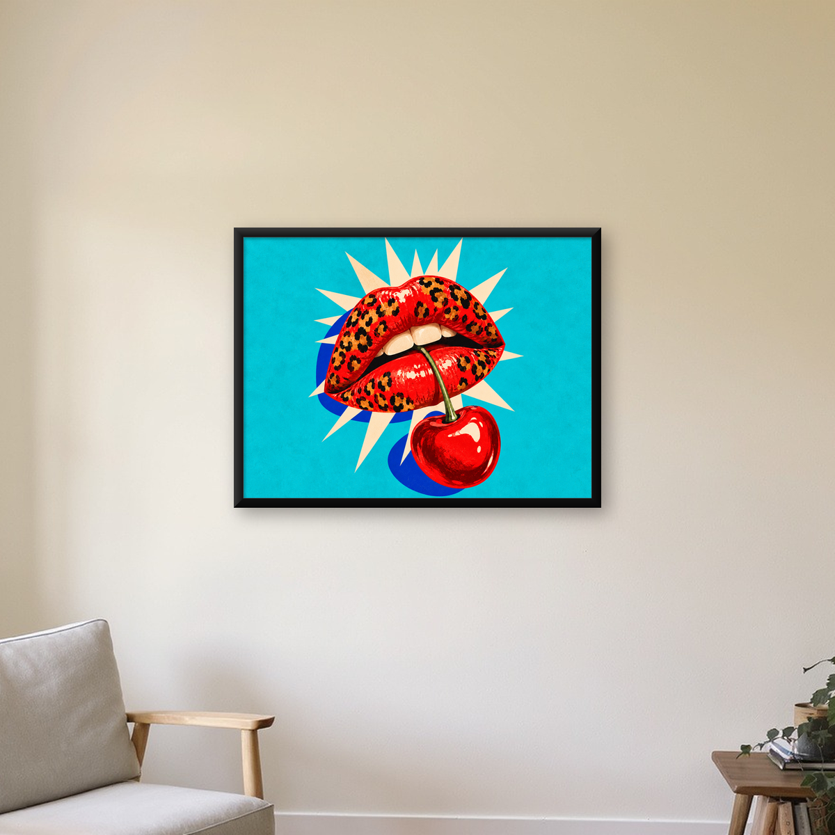 Leopar Desenli Dudak ve Kiraz Pop-Art Poster — Yatay baskı, çerçeveli hâliyle bir ev duvarında