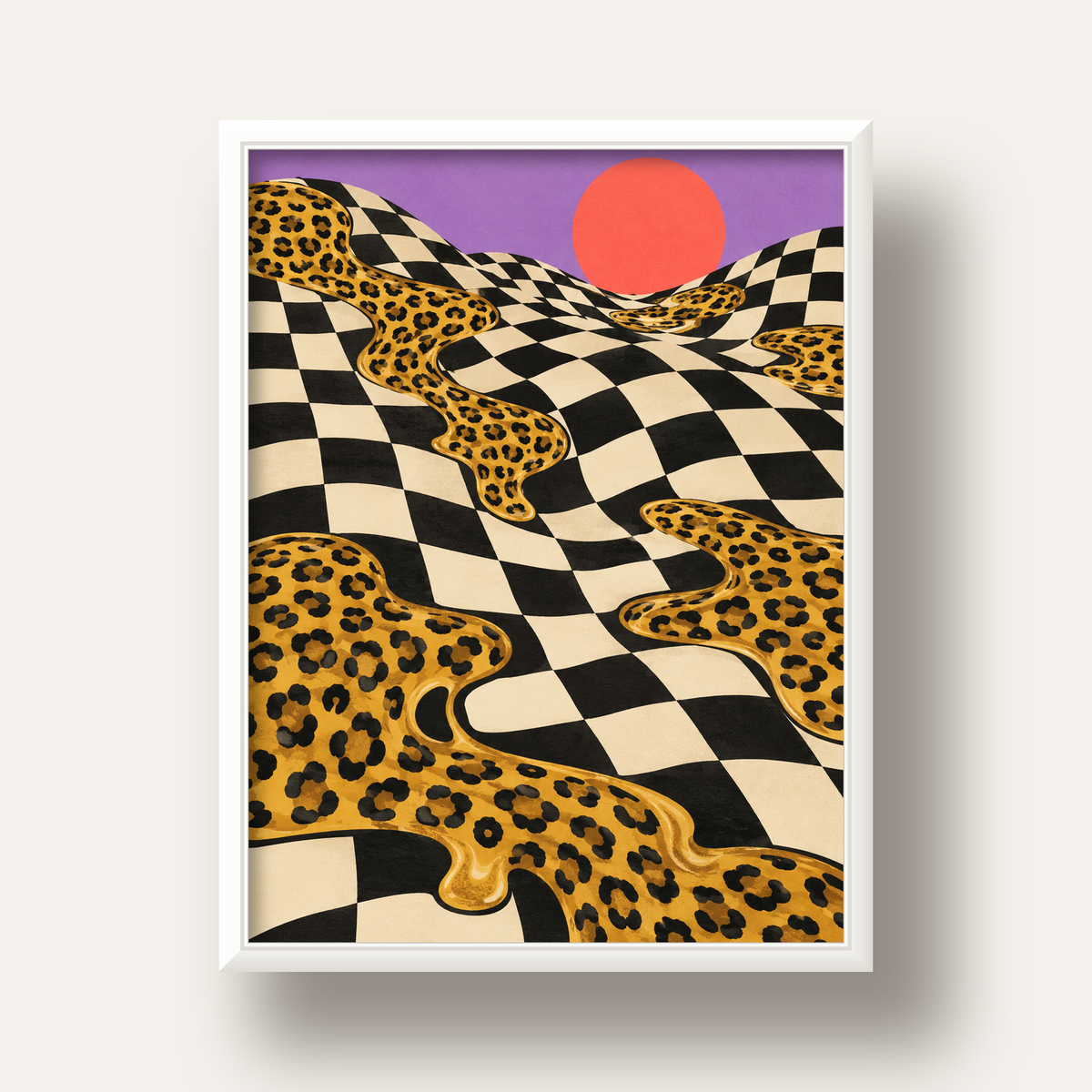 Eriyen Leopar Desenli Sürreal Peyzaj Poster - Modern Dekor — beyaz derin çerçeveli