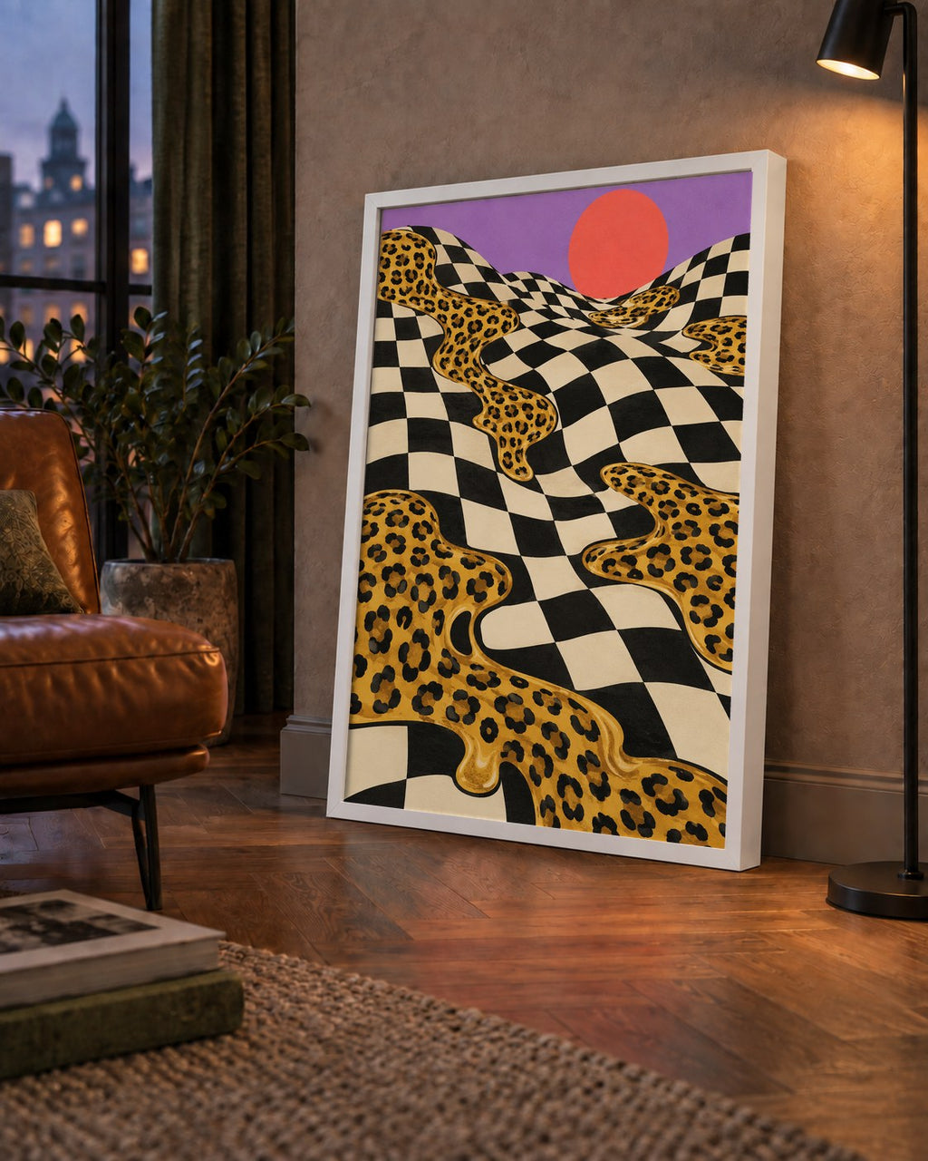 Eriyen Leopar Desenli Sürreal Peyzaj Poster - Modern Dekor — çerçeveli hâliyle bir ev duvarında