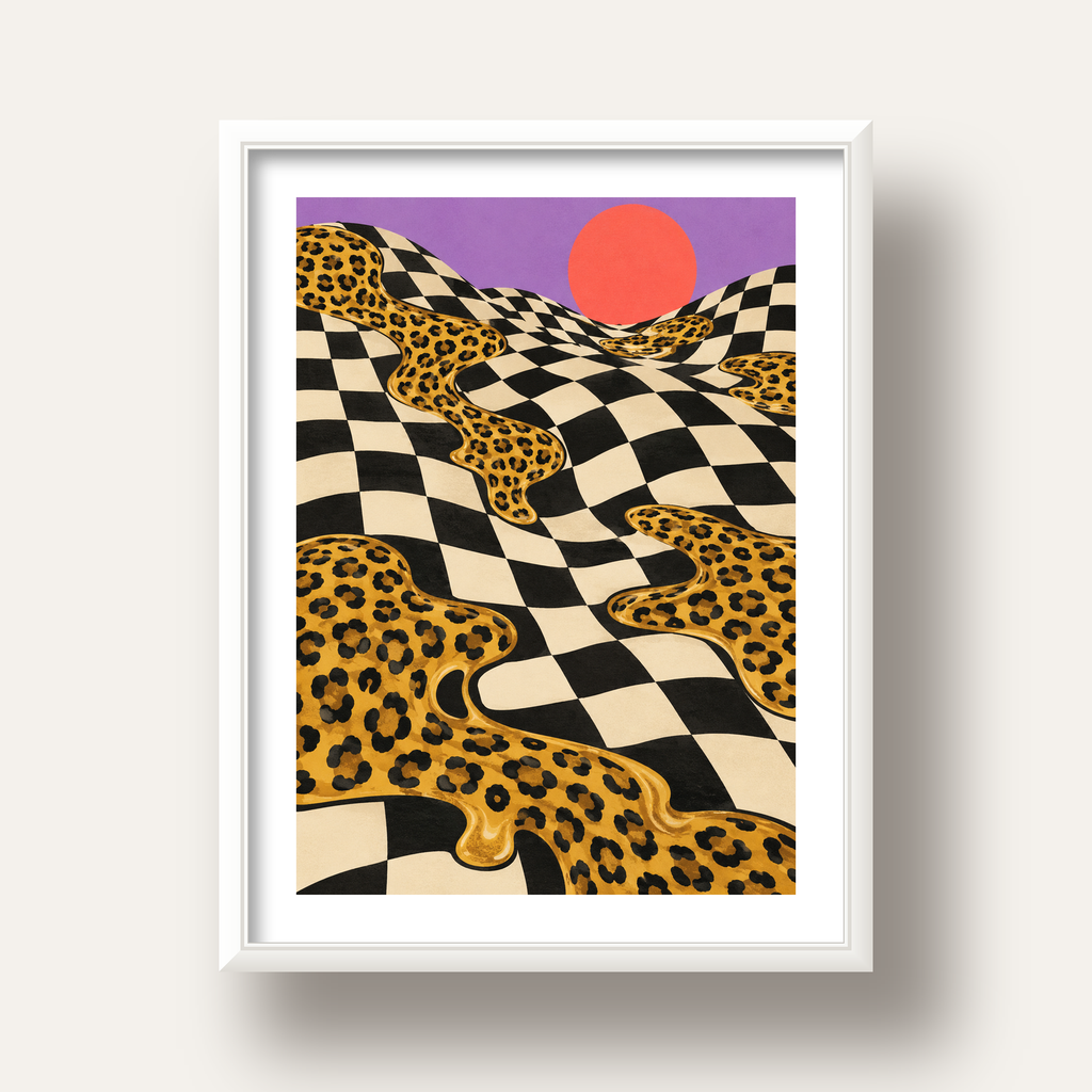 Eriyen Leopar Desenli Sürreal Peyzaj Poster - Modern Dekor — beyaz derin çerçeveli paspartulu
