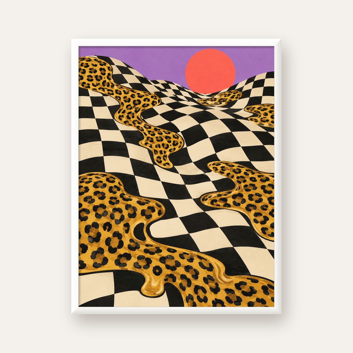 Eriyen Leopar Desenli Sürreal Peyzaj Poster - Modern Dekor — beyaz çerçeveli dikey poster
