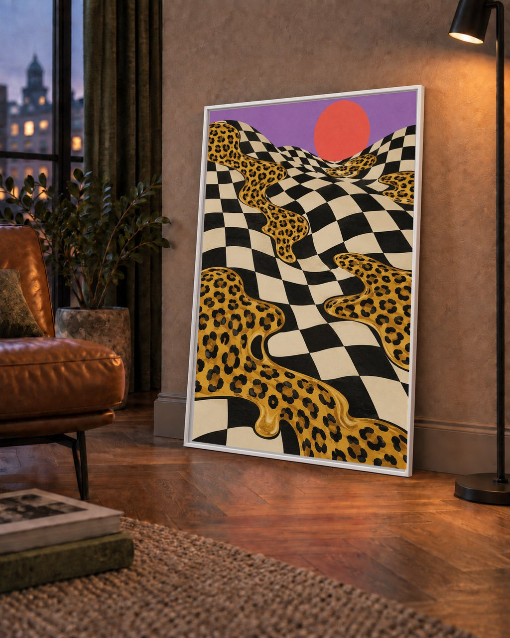 Eriyen Leopar Desenli Sürreal Peyzaj Poster - Modern Dekor — çerçeveli hâliyle bir ev duvarında