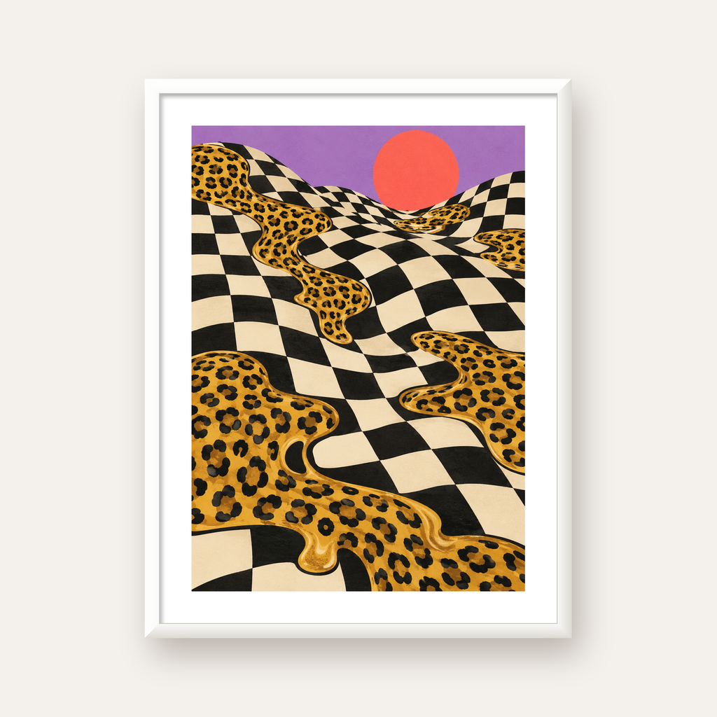 Eriyen Leopar Desenli Sürreal Peyzaj Poster - Modern Dekor — beyaz çerçeveli dikey poster
