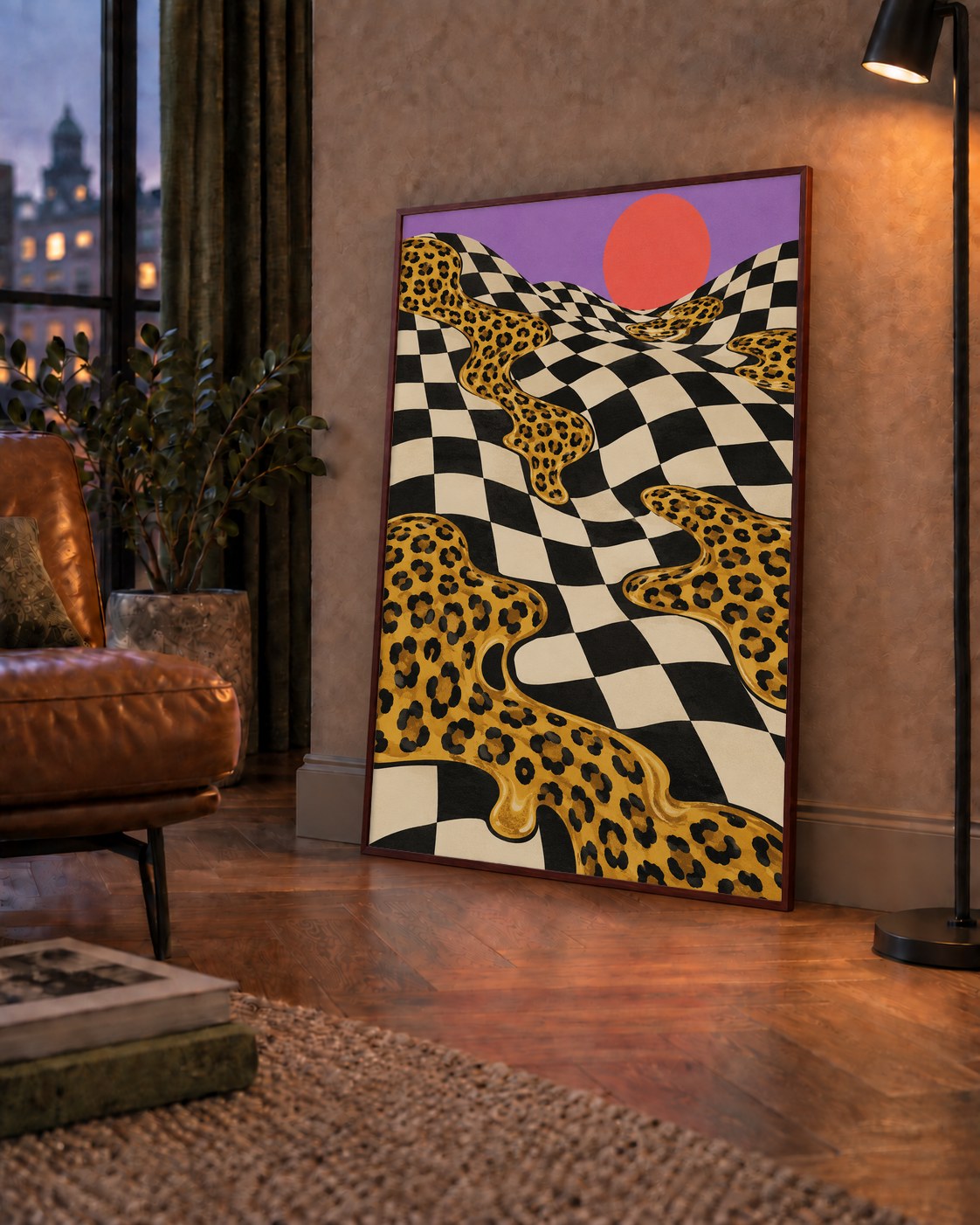 Eriyen Leopar Desenli Sürreal Peyzaj Poster - Modern Dekor — çerçeveli hâliyle bir ev duvarında