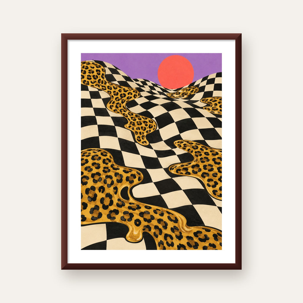 Eriyen Leopar Desenli Sürreal Peyzaj Poster - Modern Dekor — ceviz çerçeveli paspartulu