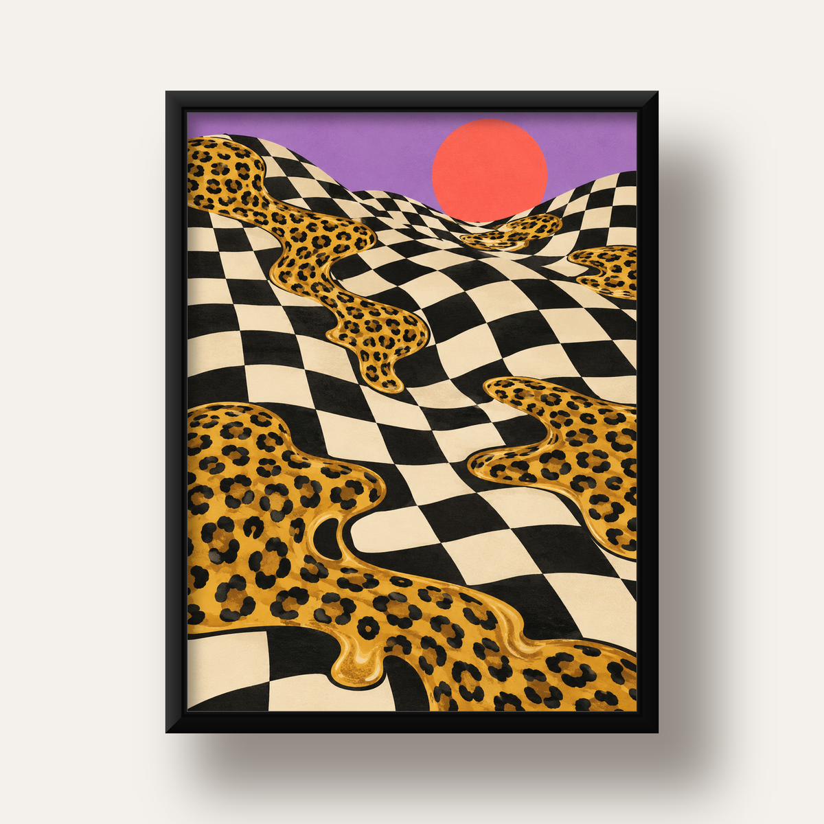 Eriyen Leopar Desenli Sürreal Peyzaj Poster - Modern Dekor — siyah derin çerçeveli