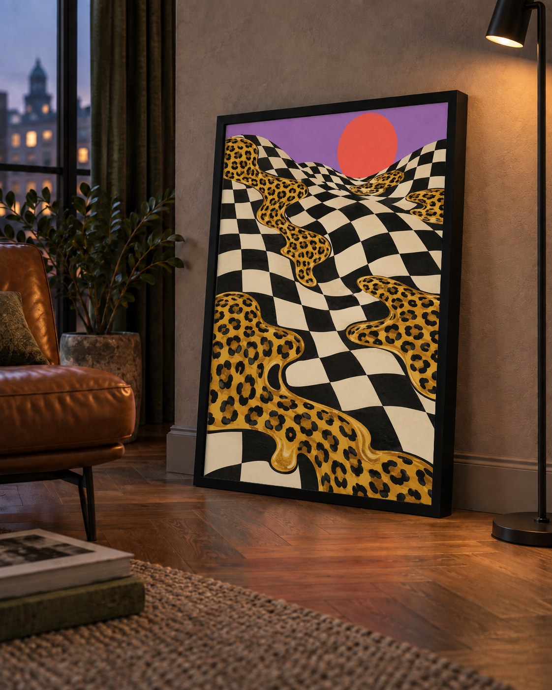 Eriyen Leopar Desenli Sürreal Peyzaj Poster - Modern Dekor — çerçeveli hâliyle bir ev duvarında
