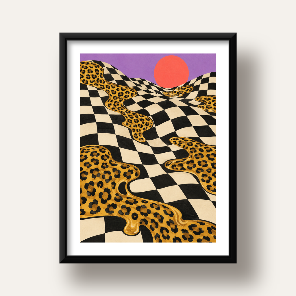 Eriyen Leopar Desenli Sürreal Peyzaj Poster - Modern Dekor — siyah derin çerçeveli paspartulu