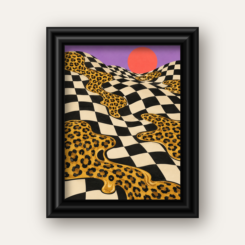 Eriyen Leopar Desenli Sürreal Peyzaj Poster - Modern Dekor — siyah galeri çerçeveli