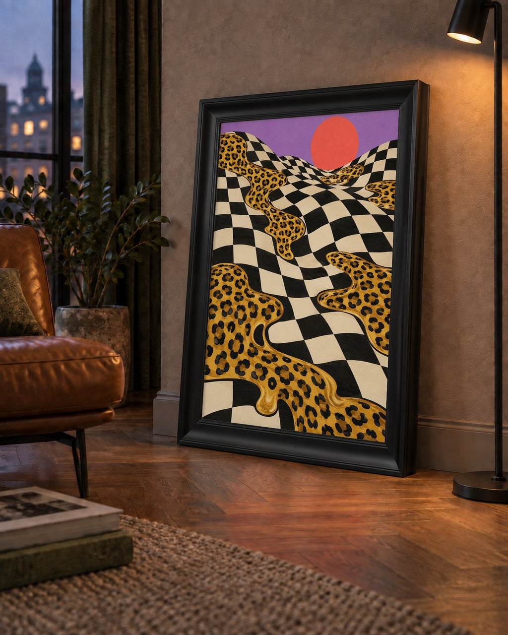 Eriyen Leopar Desenli Sürreal Peyzaj Poster - Modern Dekor — çerçeveli hâliyle bir ev duvarında