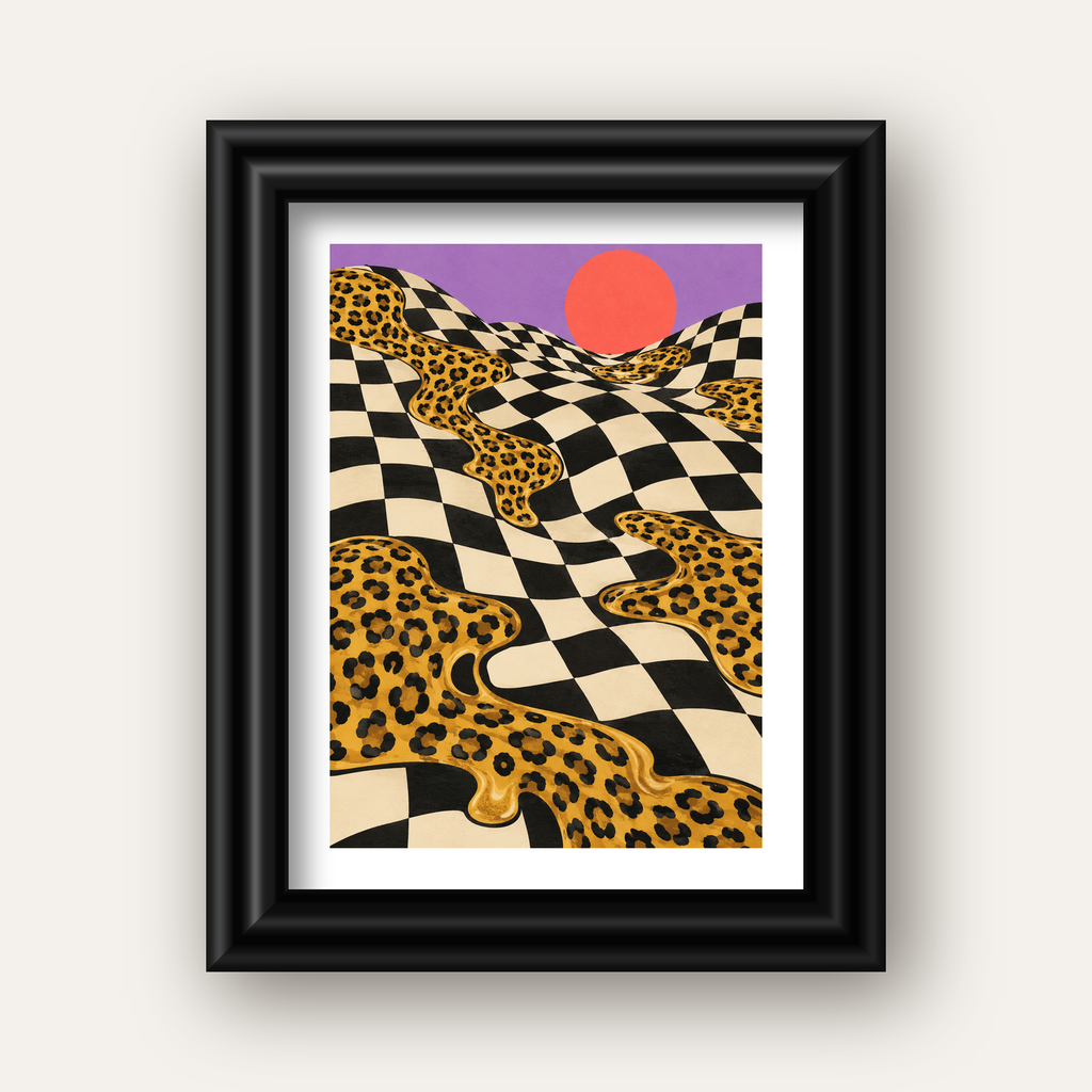 Eriyen Leopar Desenli Sürreal Peyzaj Poster - Modern Dekor — siyah galeri çerçeveli paspartulu