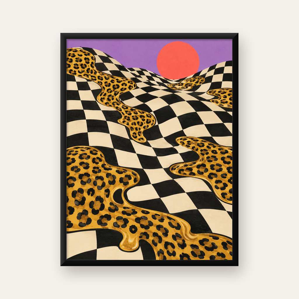 Eriyen Leopar Desenli Sürreal Peyzaj Poster - Modern Dekor — Dikey baskı, düz siyah çerçeveli duvar posteri