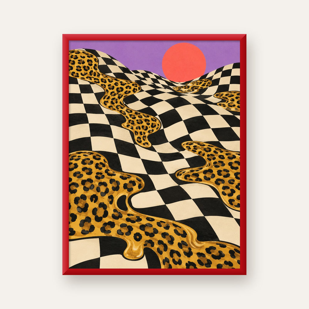 Eriyen Leopar Desenli Sürreal Peyzaj Poster - Modern Dekor — kırmızı çerçeveli