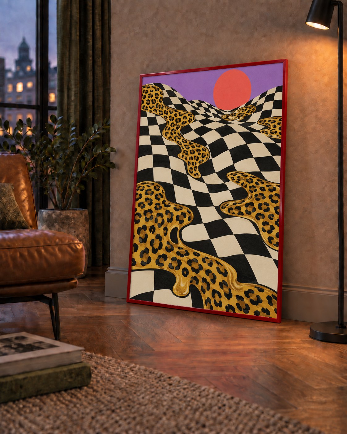 Eriyen Leopar Desenli Sürreal Peyzaj Poster - Modern Dekor — çerçeveli hâliyle bir ev duvarında