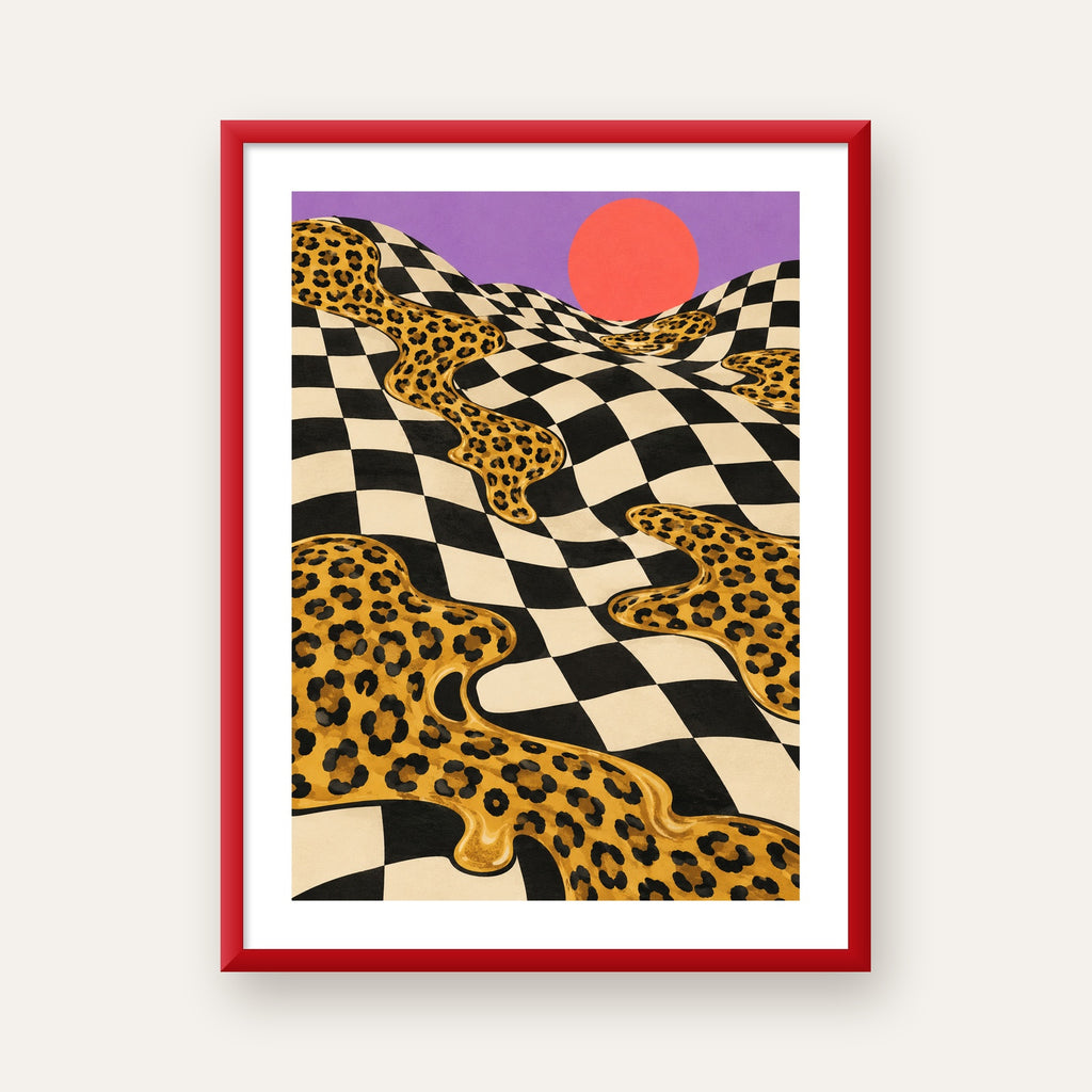 Eriyen Leopar Desenli Sürreal Peyzaj Poster - Modern Dekor — kırmızı çerçeveli paspartulu