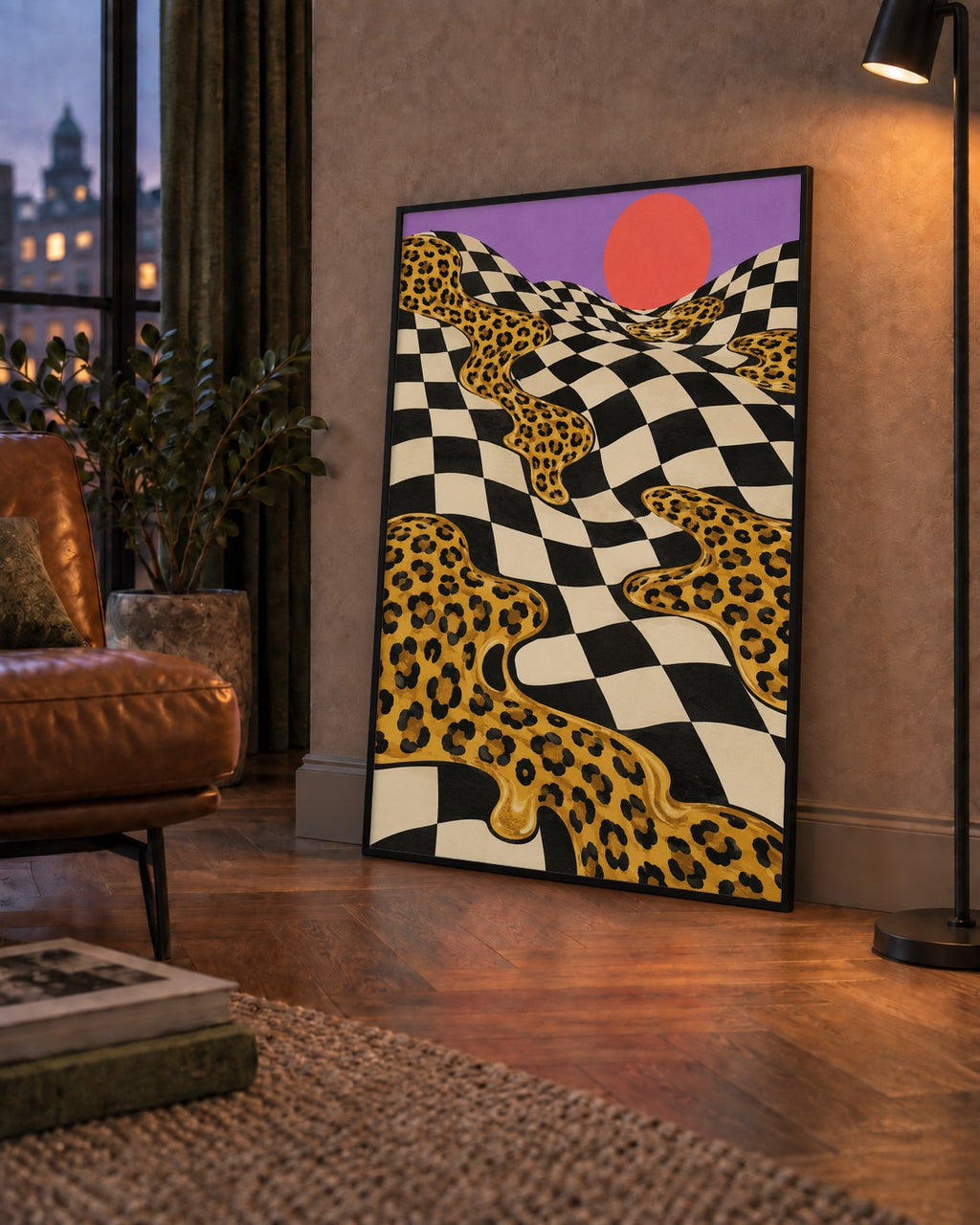 Eriyen Leopar Desenli Sürreal Peyzaj Poster - Modern Dekor — çerçeveli hâliyle bir ev duvarında