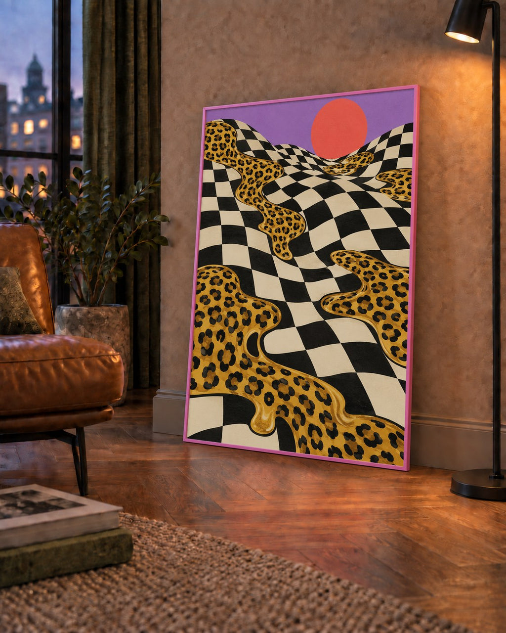 Eriyen Leopar Desenli Sürreal Peyzaj Poster - Modern Dekor — çerçeveli hâliyle bir ev duvarında