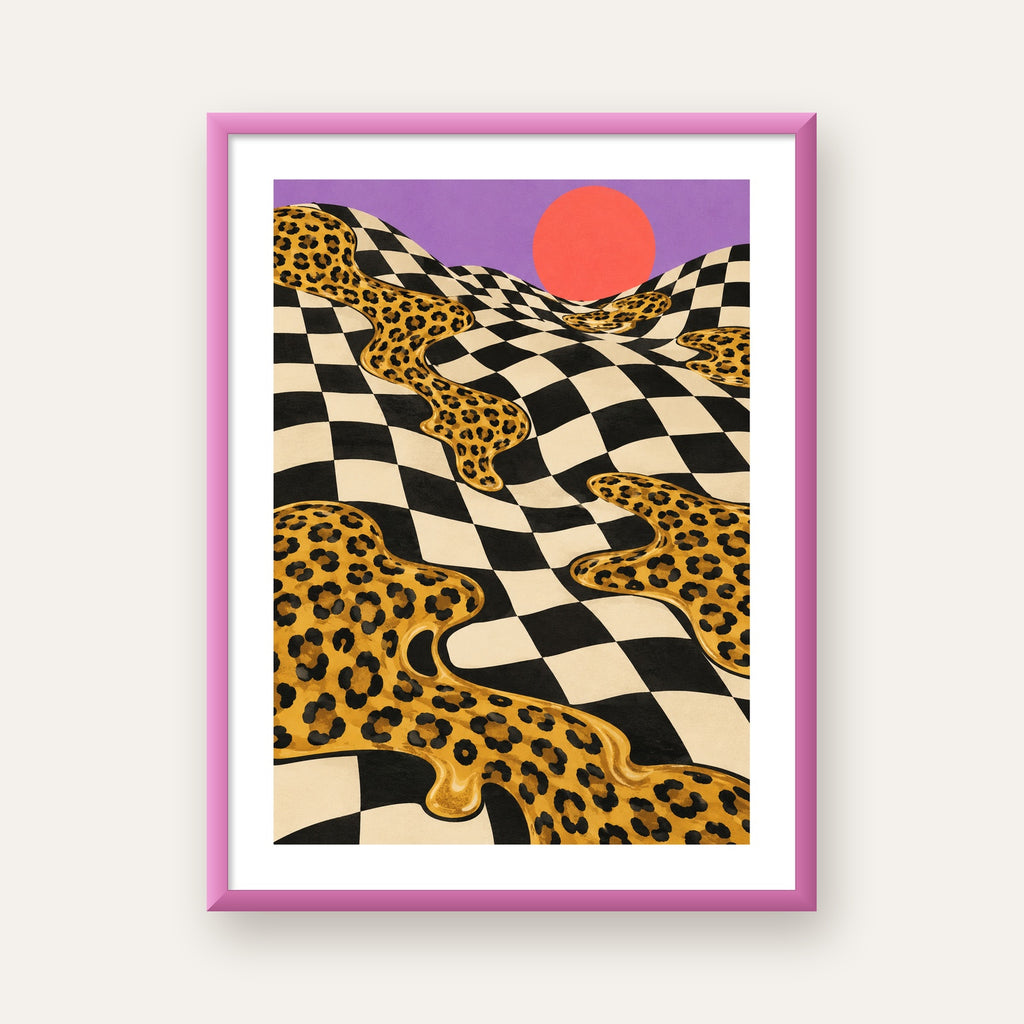 Eriyen Leopar Desenli Sürreal Peyzaj Poster - Modern Dekor — pembe çerçeveli paspartulu
