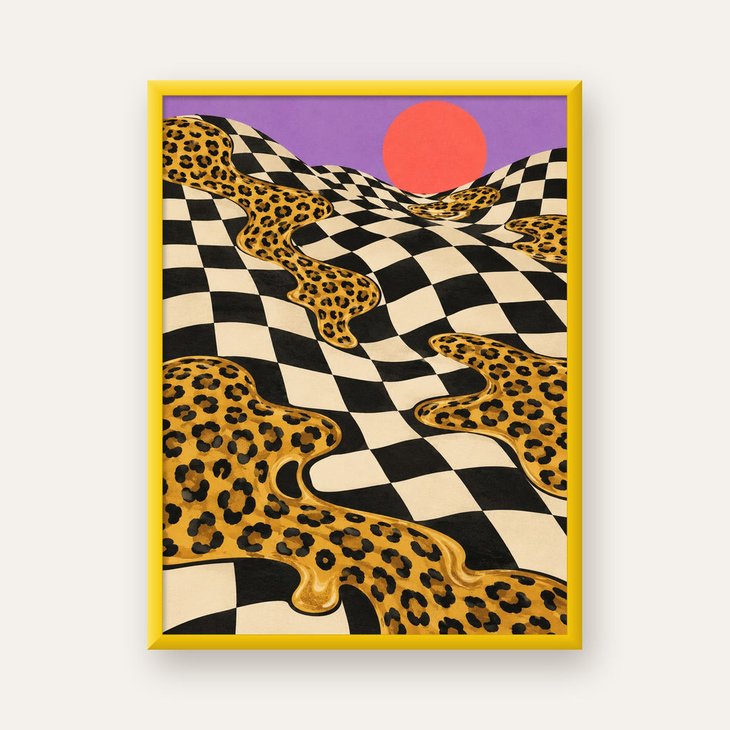 Eriyen Leopar Desenli Sürreal Peyzaj Poster - Modern Dekor — sarı çerçeveli