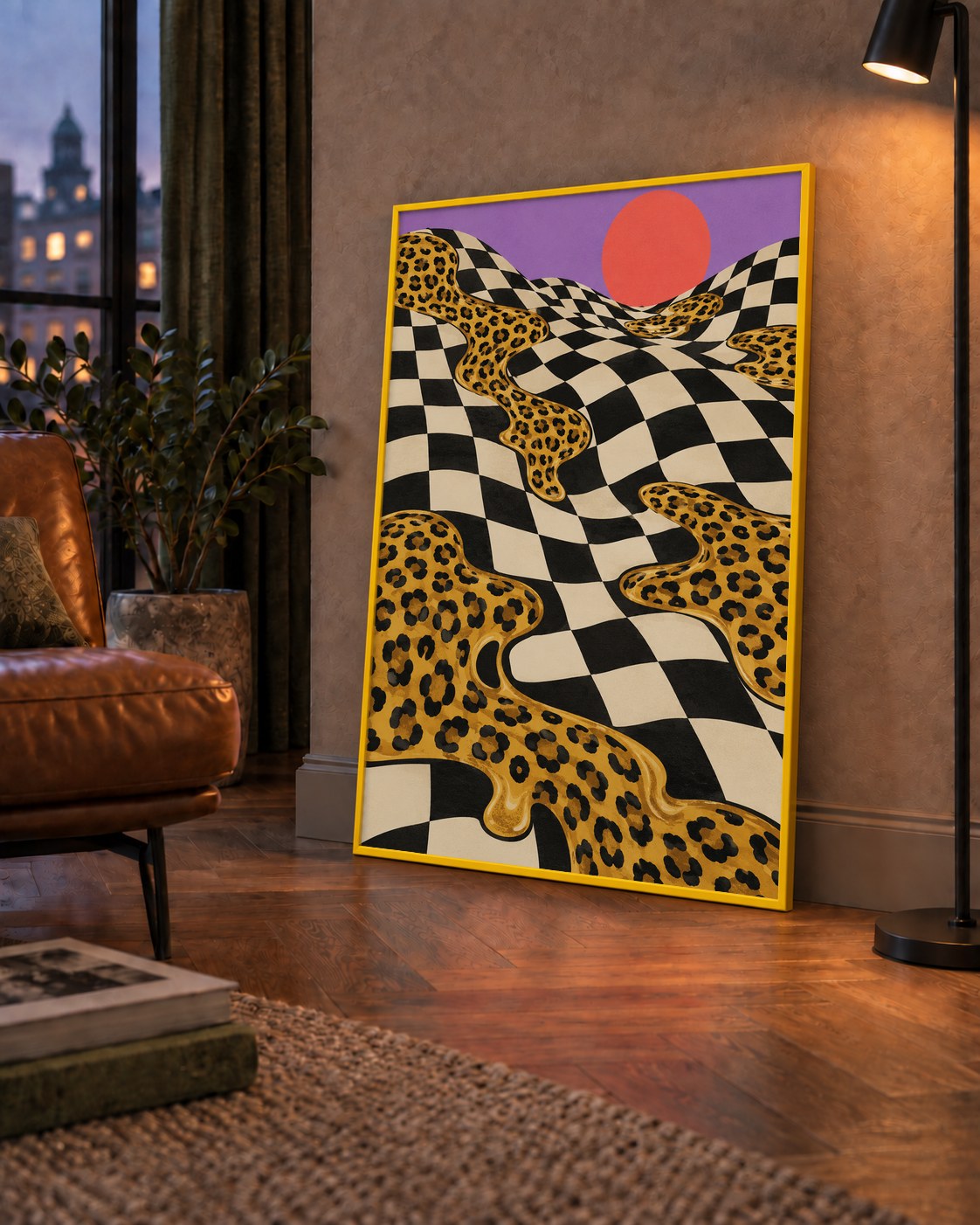 Eriyen Leopar Desenli Sürreal Peyzaj Poster - Modern Dekor — çerçeveli hâliyle bir ev duvarında
