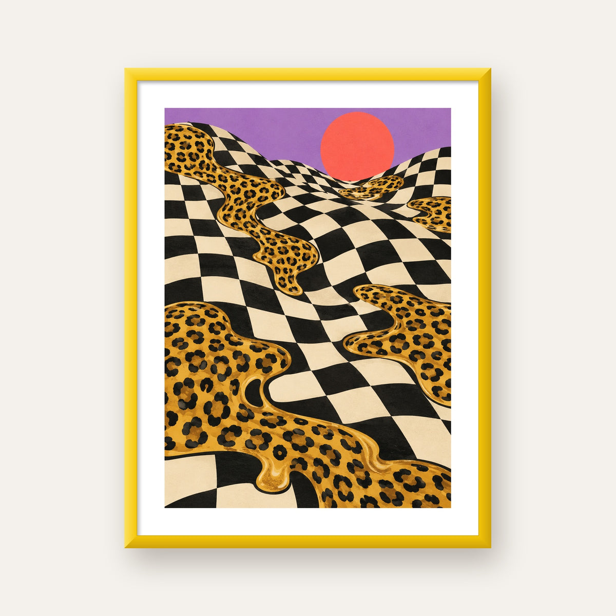 Eriyen Leopar Desenli Sürreal Peyzaj Poster - Modern Dekor — sarı çerçeveli paspartulu