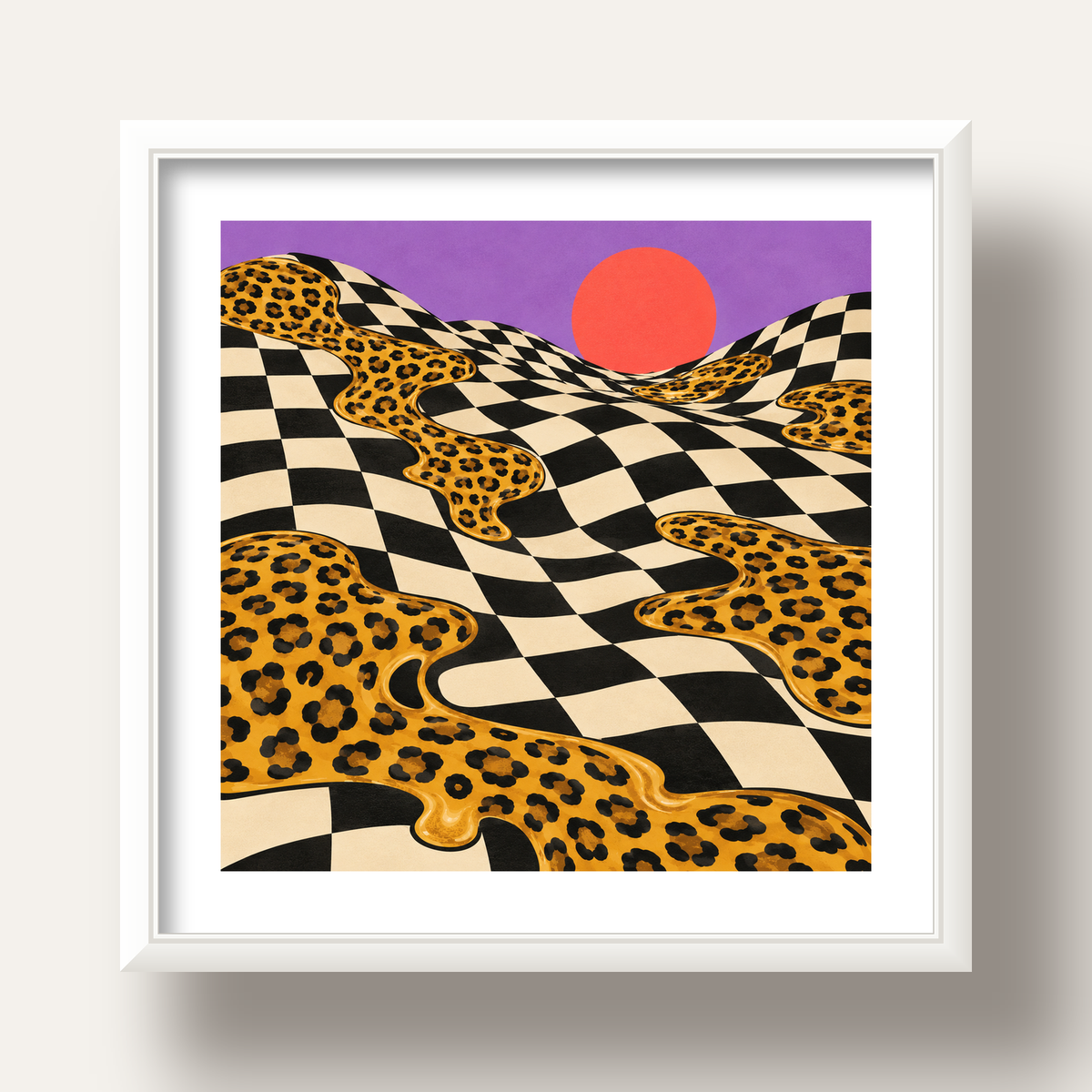 Eriyen Leopar Desenli Sürreal Peyzaj Poster - Modern Dekor — beyaz derin çerçeveli paspartulu
