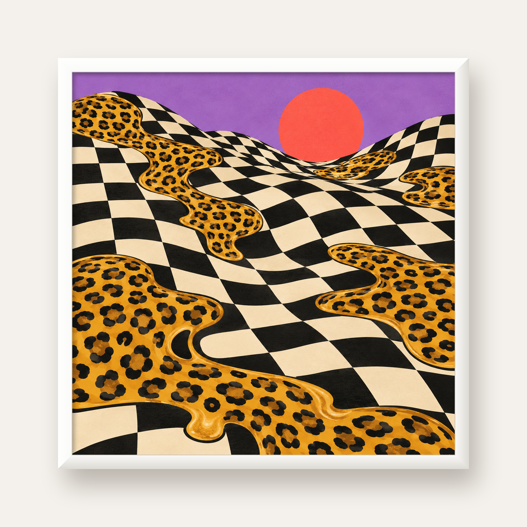 Eriyen Leopar Desenli Sürreal Peyzaj Poster - Modern Dekor — beyaz çerçeveli kare poster