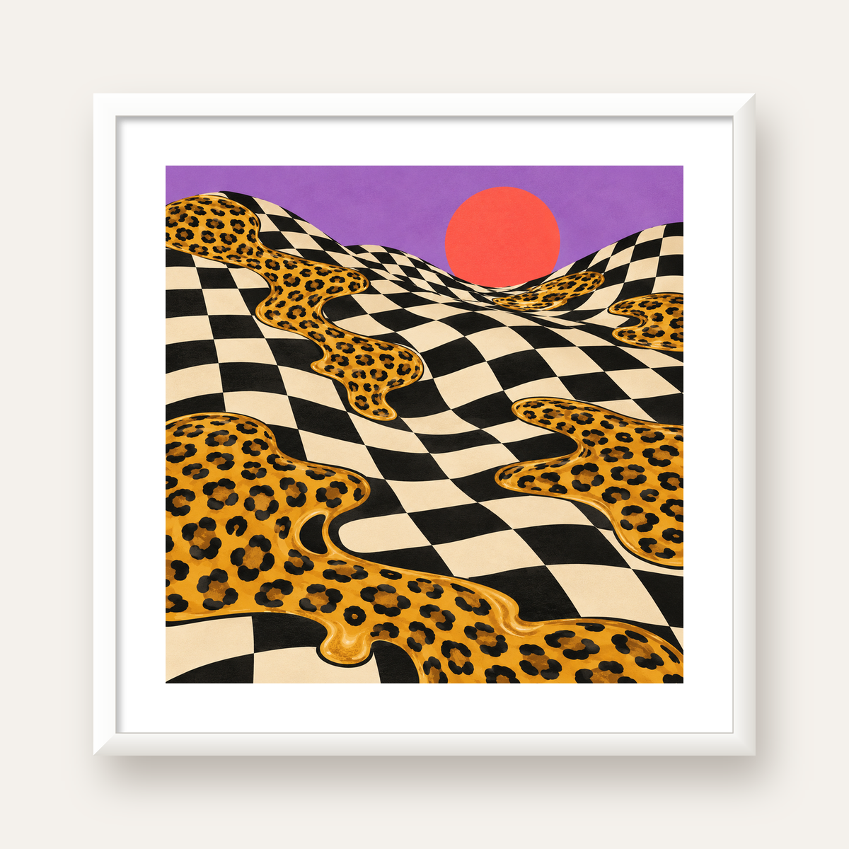 Eriyen Leopar Desenli Sürreal Peyzaj Poster - Modern Dekor — beyaz çerçeveli kare poster