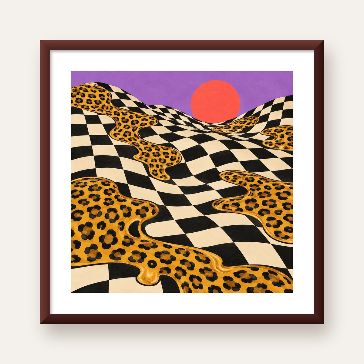 Eriyen Leopar Desenli Sürreal Peyzaj Poster - Modern Dekor — ceviz çerçeveli paspartulu